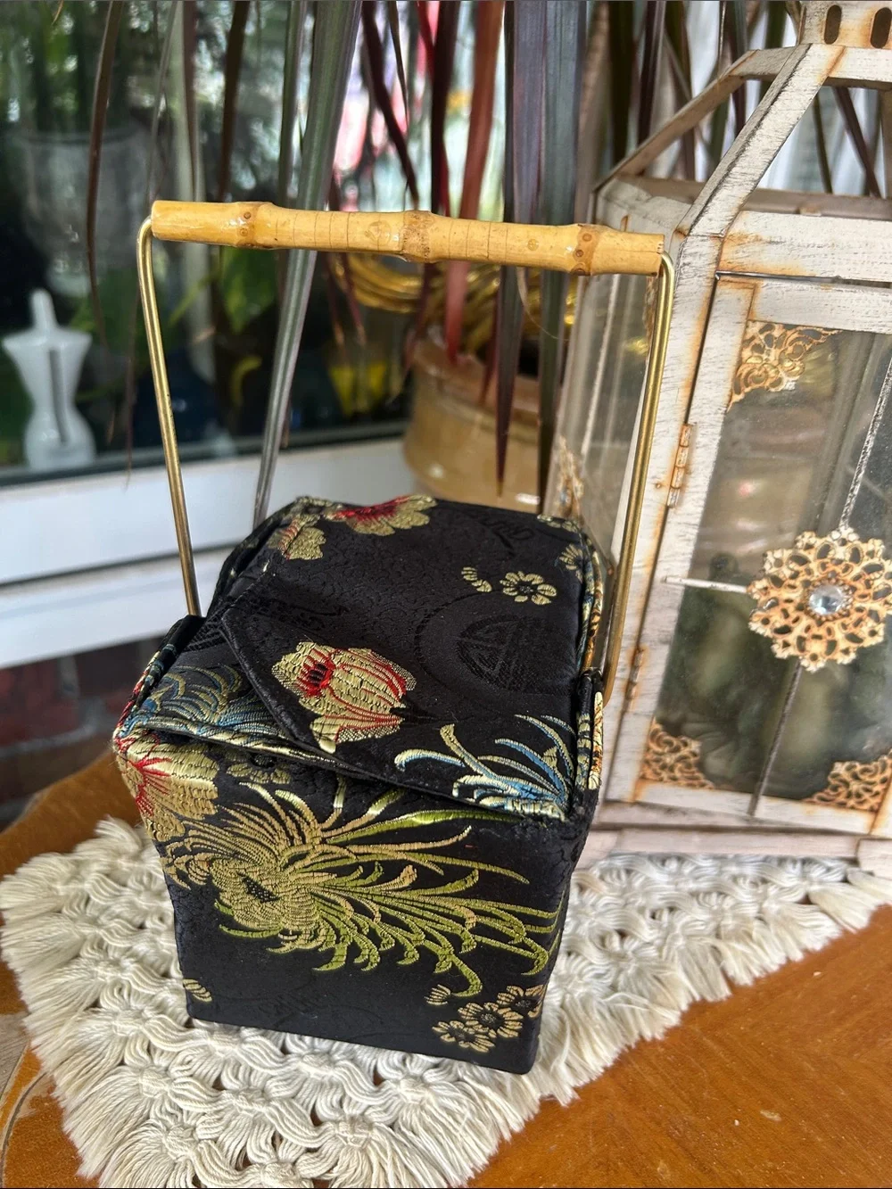 Vintage Chinese Takeout Bag w Bamboo & Brass Handle